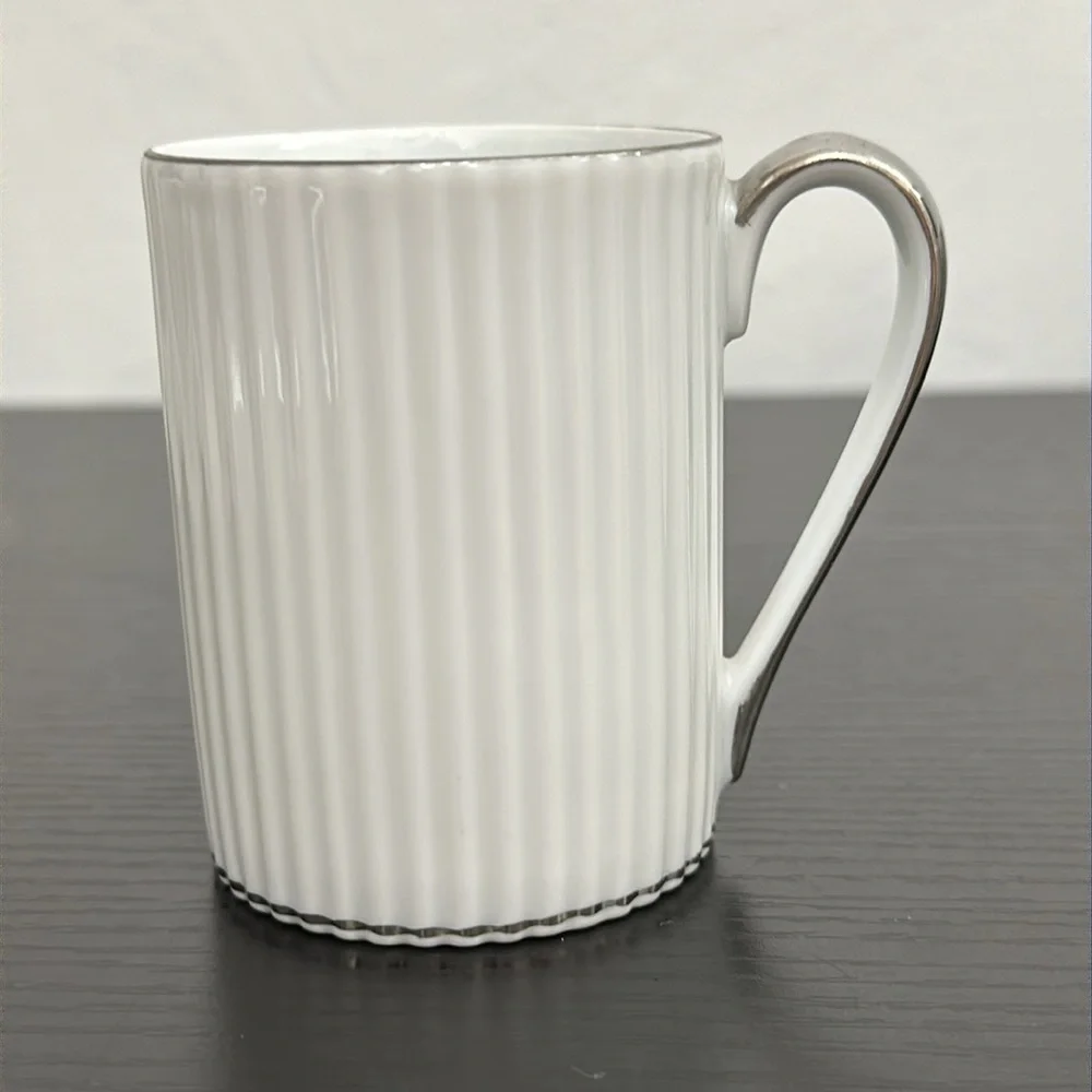 8 Vintage Ucagco White Ribbed Porcelain Silver Trim Demitasse Tea Cups